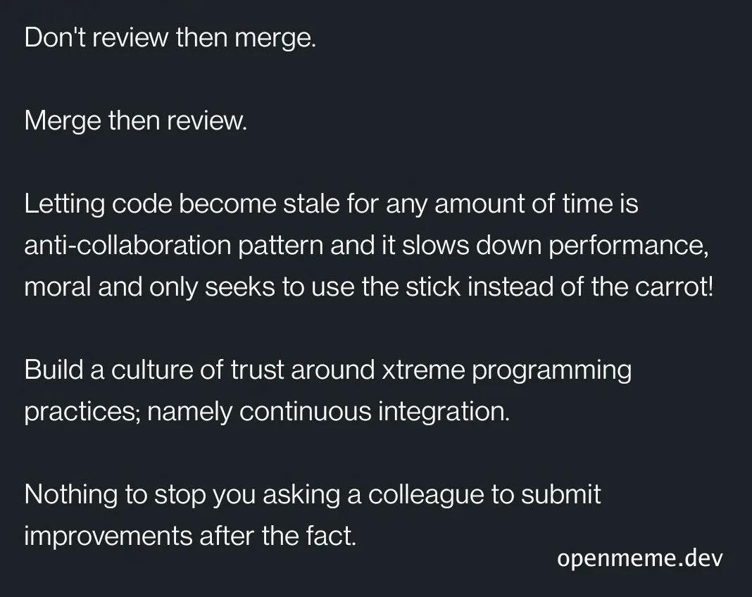 Don't review then merge. Merge then review. Letting code become stale for any amount of time is anti-collaboration pattern and it slows down performance, moral and only seeks to use the stick instead of the carrot! Build a culture of trust around xtreme programming practices; namely continuous integration. Nothing to stop you asking a colleague to submit improvements after the fact.