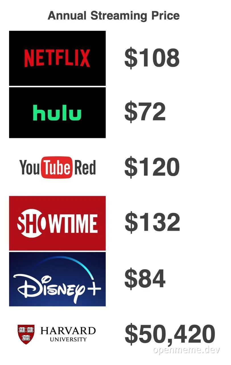 Streaming service prices compared to Harvard University tuition