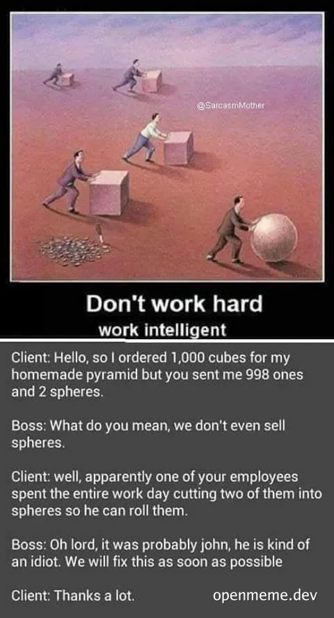 cartoon men pushing cubes and spheres across a desert landscape
