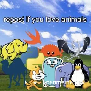 Colorful cartoon animals with a blue sky background and text 'repost if you love animals'