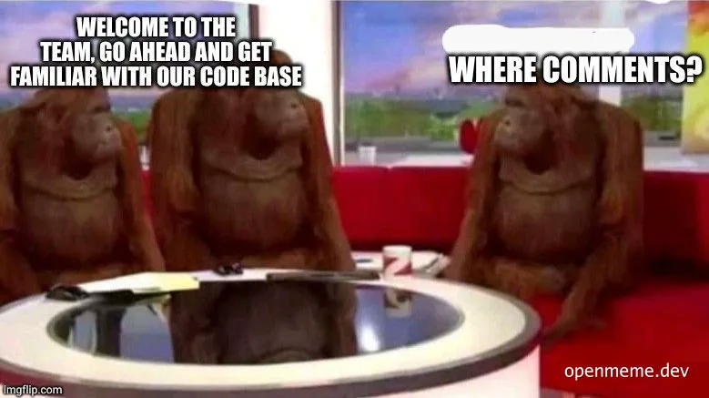Three monkeys sitting at a table with a blank computer screen, reacting to being welcomed to a team and asked to review code.