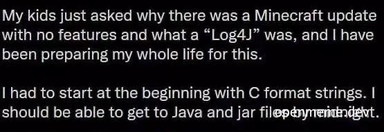 humorous text about a developer's life and Log4j