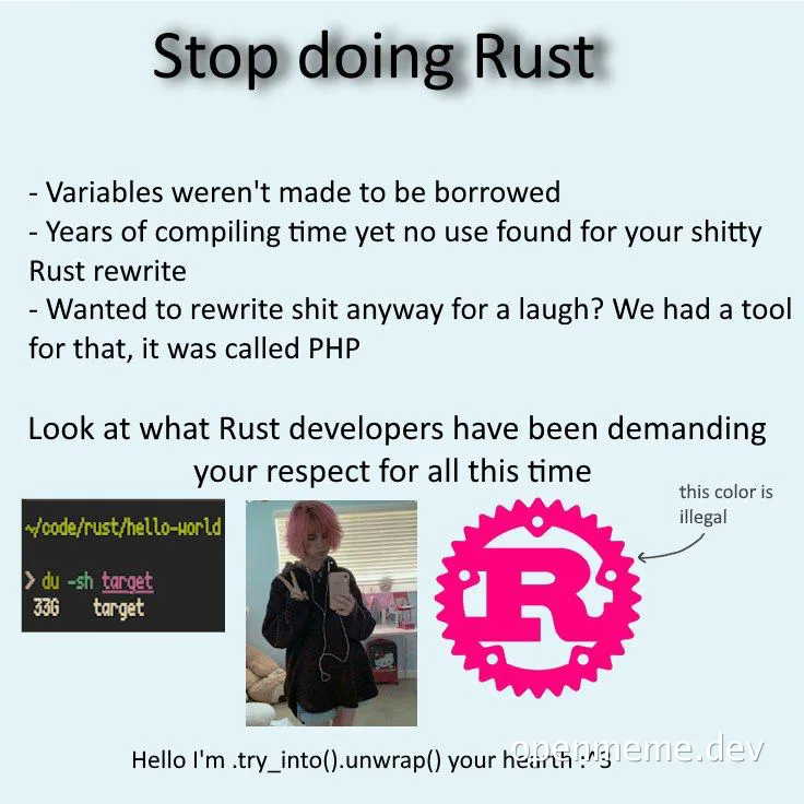Stop doing Rust meme with Rust logo and code
