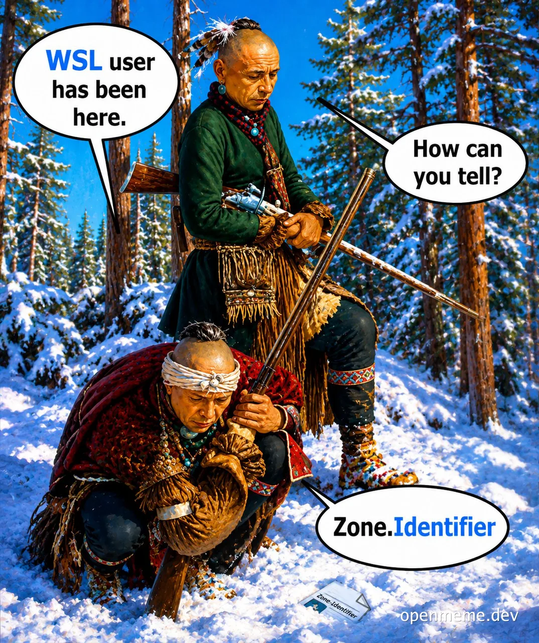 Meme showing two men in a snowy forest; one asks how they know a WSL user was there, and the other points to a Zone.Identifier file.