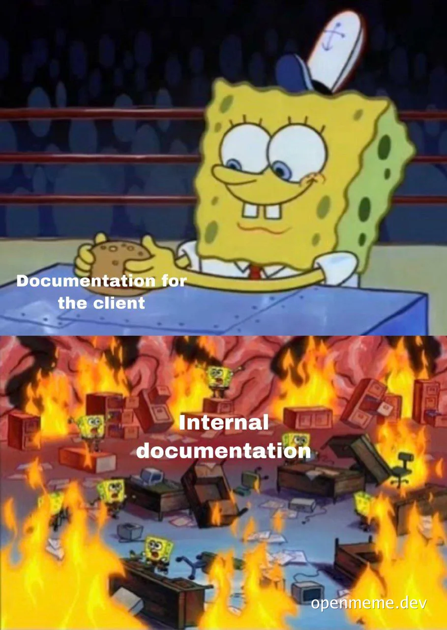 SpongeBob SquarePants meme comparing client documentation to internal documentation