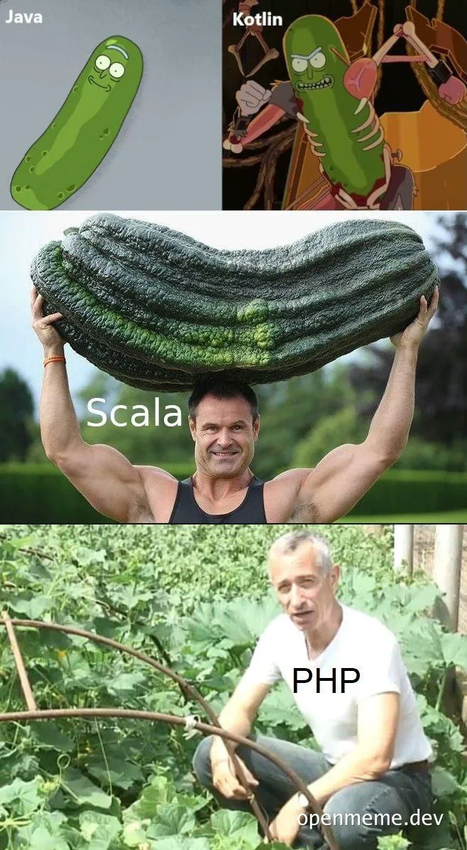 Cucumber memes comparing Java, Kotlin, Scala, and PHP