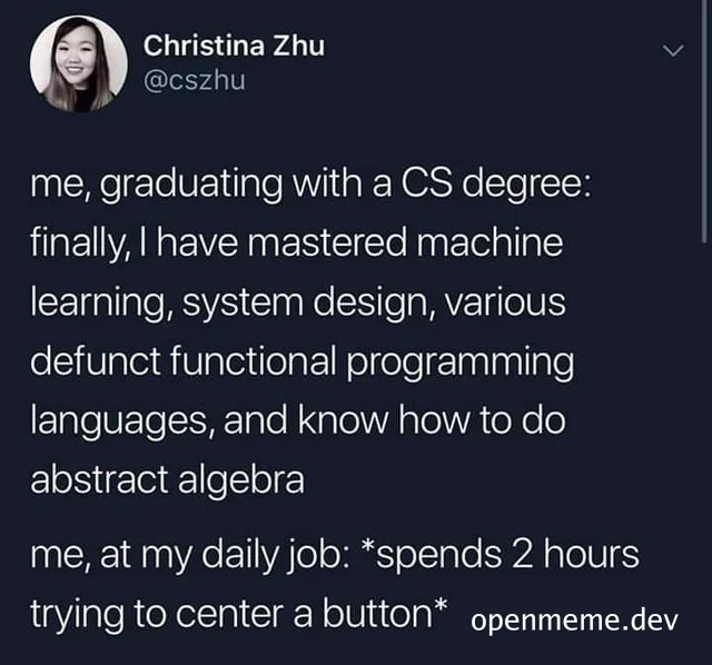 a meme about a computer science graduate struggling with a simple task at work