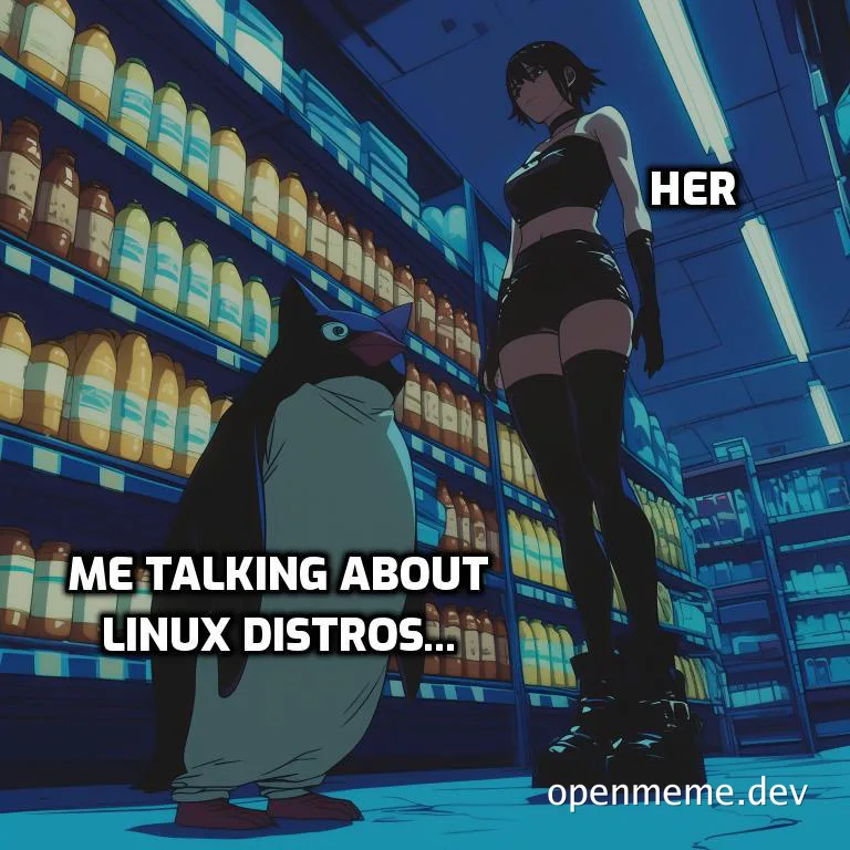 Anime-style image of a woman standing next to a penguin in a grocery store with text about Linux distros