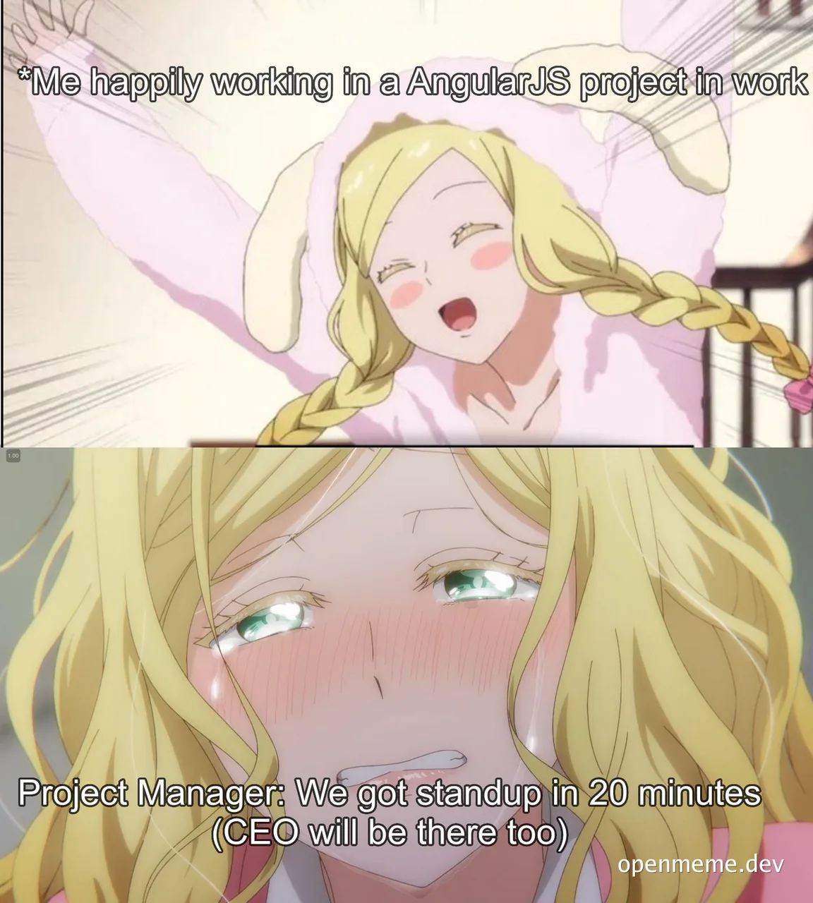 angry anime girl with blonde braided hair looking worried