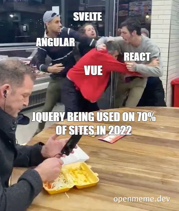 A chaotic fight between men labeled React, Vue, Angular and Svelte rages in the background while a man calmly eats and