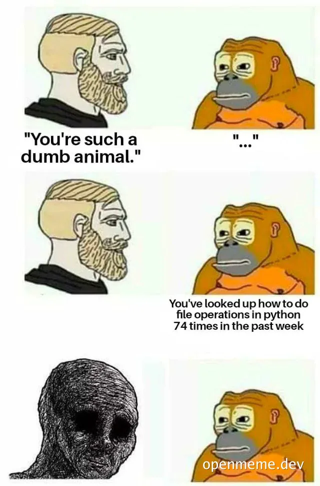 Reluctant orangutan meme reacting to criticism and a developer's struggle with Python file operations