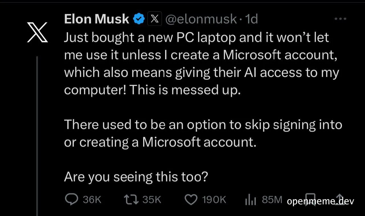 Elon Musk frustrated with new laptop requirement to create Microsoft account