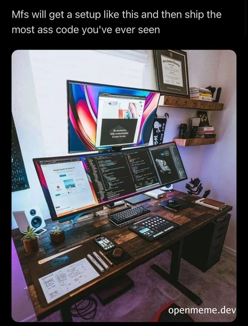 a desk with a large monitor and computer setup with the caption Mfs will get a setup like this and then ship the most ass code you've ever seen
