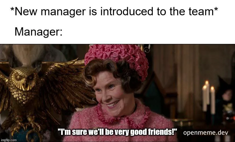 meme of a woman in a pink dress and hat with an eagle statue behind her, smiling and saying 'I'm sure we'll be very good friends!'