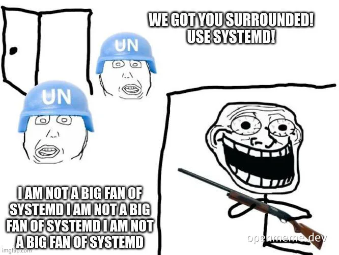 Trollface meme with UN soldiers and a gun, referencing systemd