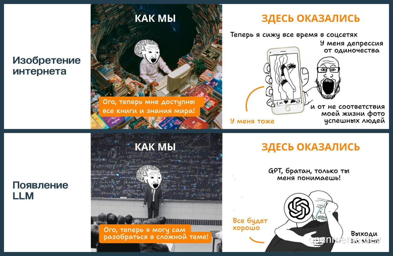 Мемашка про изобретение интернета и появление LLM