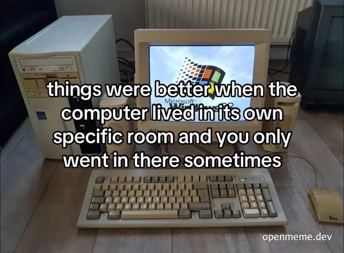 Vintage beige computer with Windows logo on the monitor, keyboard, and mouse on a wooden floor, with nostalgic text overlay