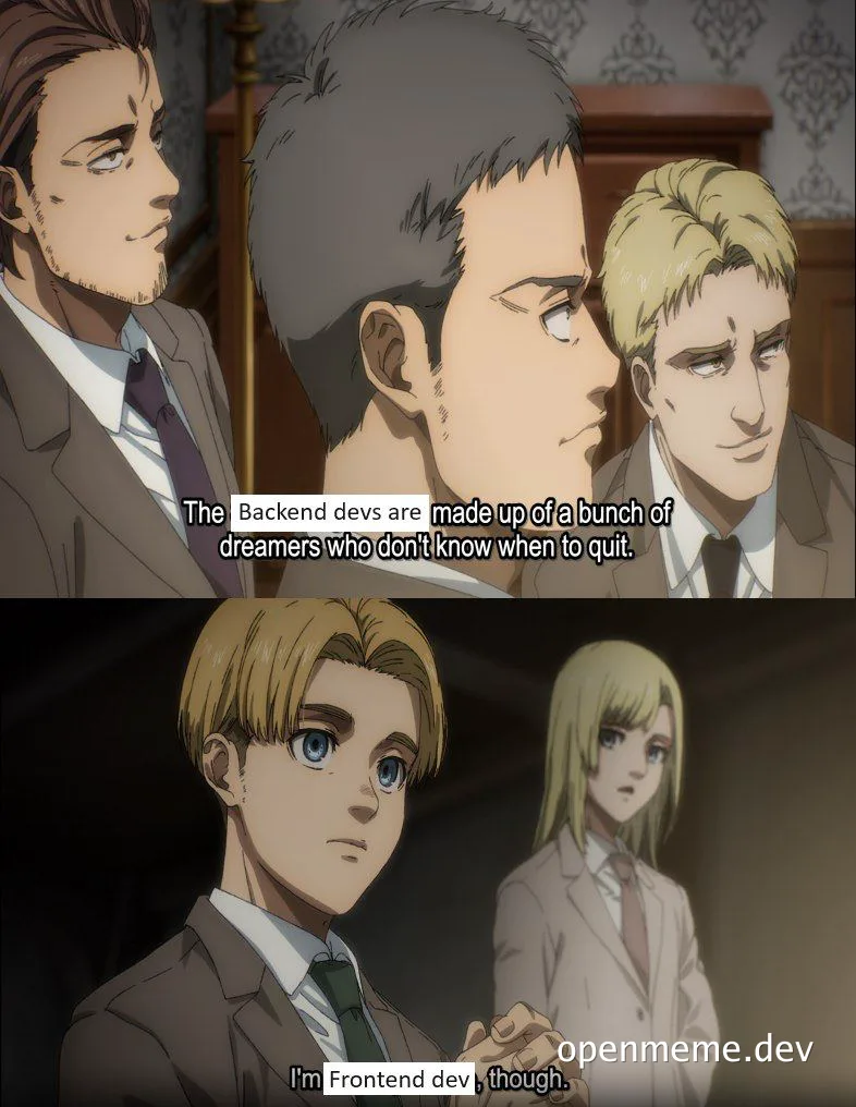 anime-style image of three men in suits talking about backend and frontend devs
