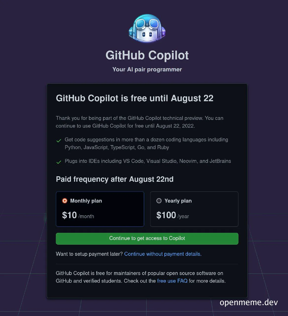 GitHub Copilot AI pair programmer pricing meme