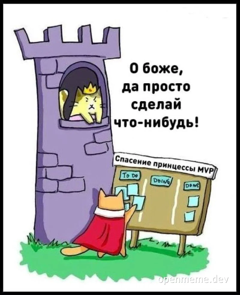 Cartoon cat in red dress looking at a Kanban board with a princess rescue plan, while a cat in a crown looks out of a castle window.