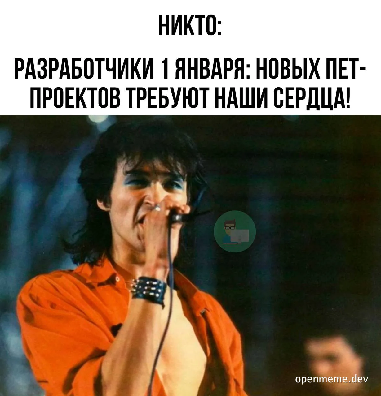 Freddie Mercury singing into a microphone with a caption about developers on New Year's Day