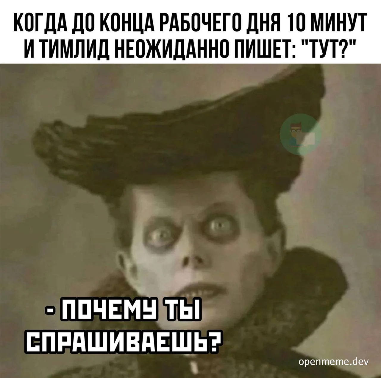 meme image of a person with a shocked expression and a large hat, with russian text overlay