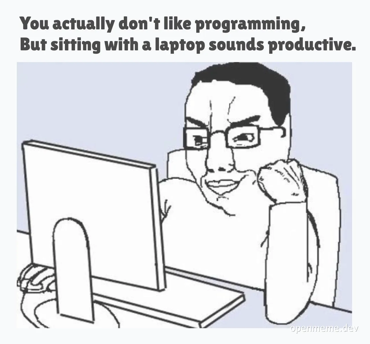 Cartoon man sitting at computer looking unimpressed