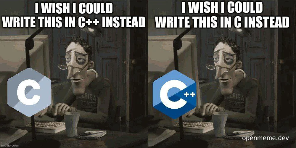 Cartoon character sitting at a desk with C and C++ logos, looking displeased with code