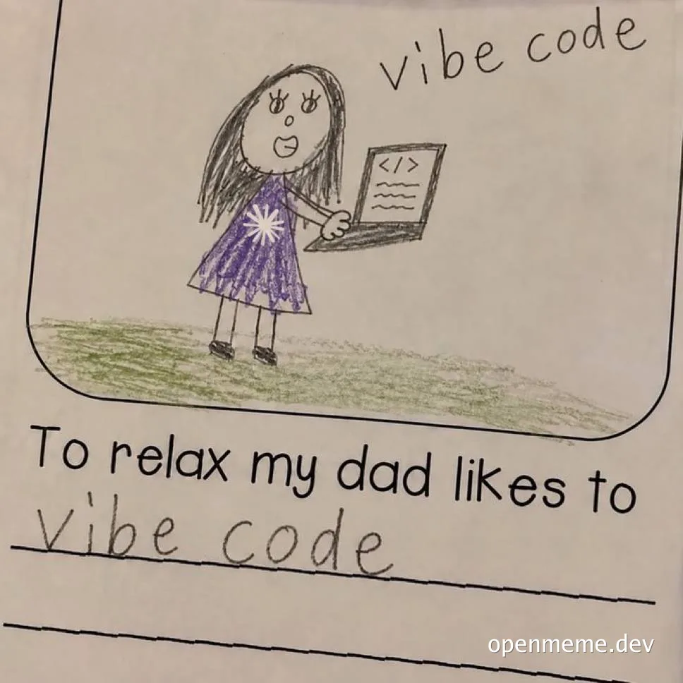 Child's crayon drawing of a girl in a purple dress holding a laptop with code on the screen, labeled 'vibe code'.