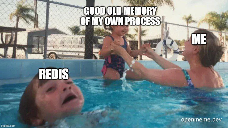 Woman in a pool holding another person with the text 'GOOD OLD MEMORY OF MY OWN PROCESS' and 'ME' and 'REDIS'
