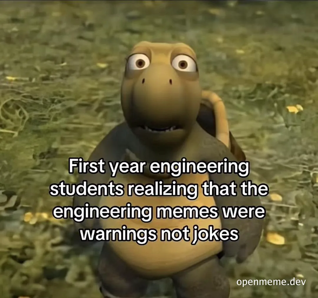 Cartoon dinosaur with shocked expression and text about engineering students