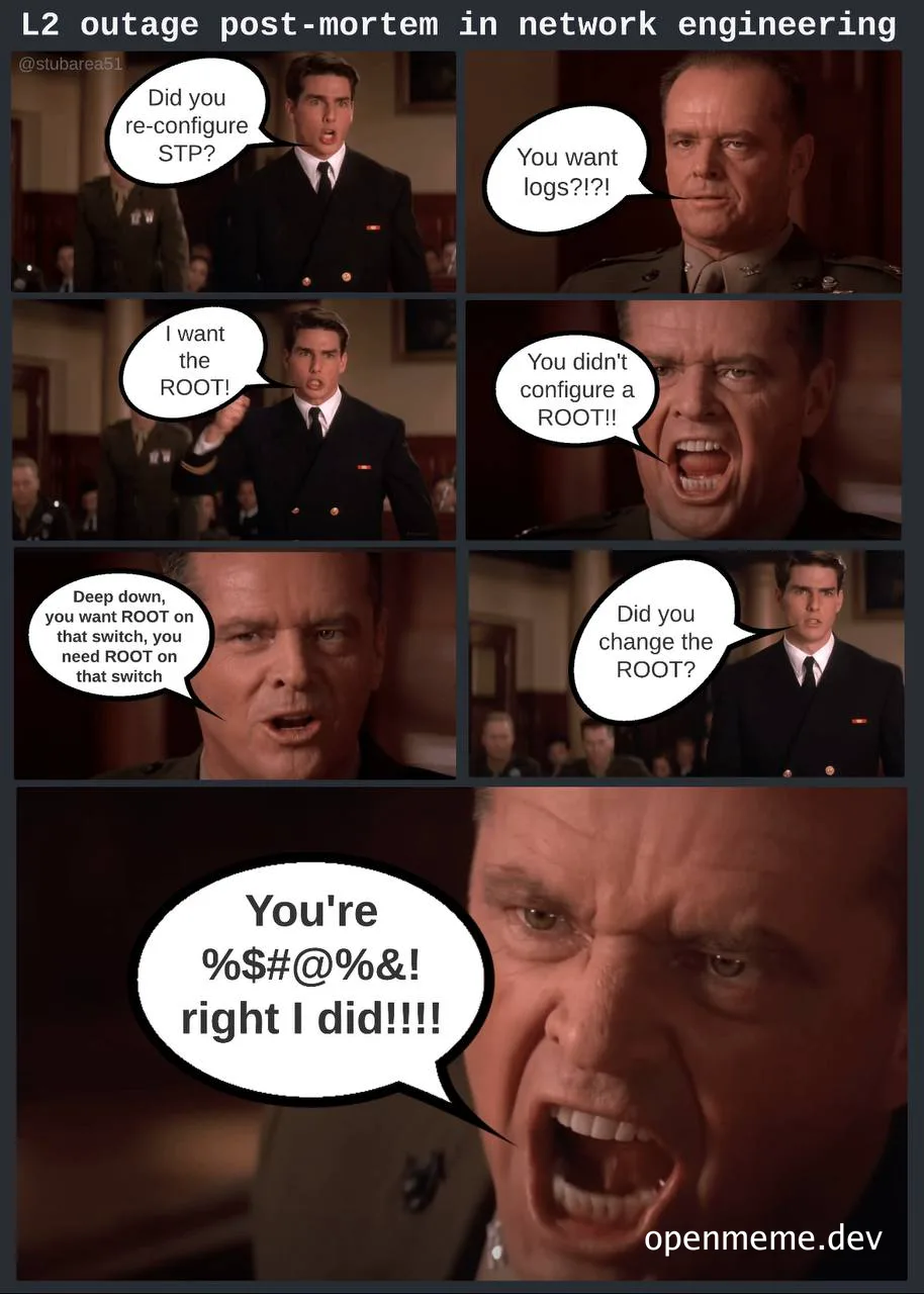 L2 outage post-mortem in network engineering meme