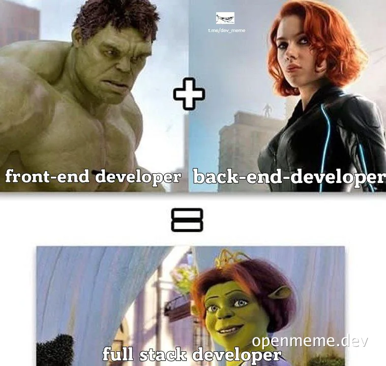 Meme about front-end and back-end developers combining to make a full stack developer