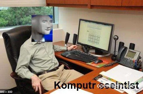 Man sitting at office desk with computer and papers, face replaced by another face, with 'Komputr sceintist' text