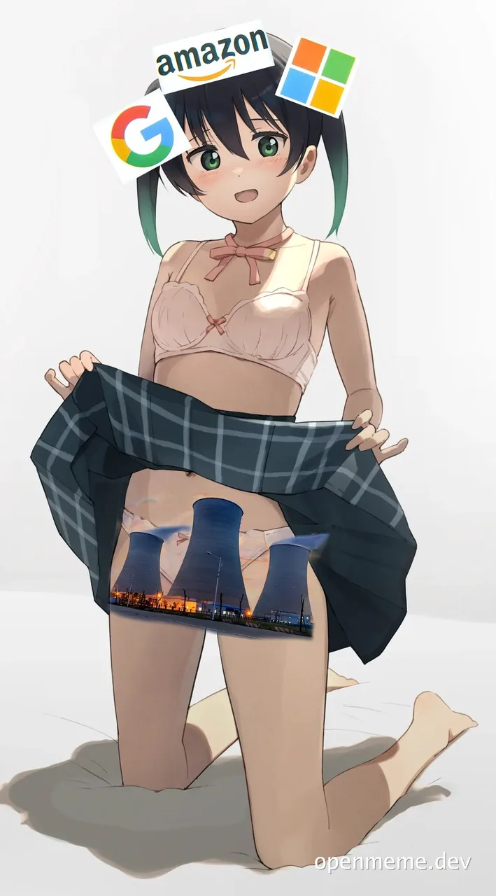 Anime girl lifting skirt to reveal nuclear power plant on stockings with Google, Amazon, and Microsoft logos on her head