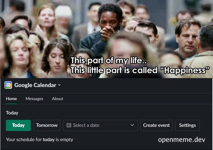 Google Calendar screenshot with a crowd of people and a man pointing to himself with the text 'This part of my life.. This little part is called "Happiness"'