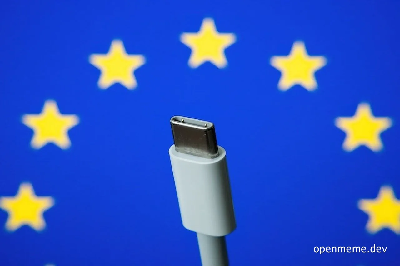 European Union flag background with USB-C cable