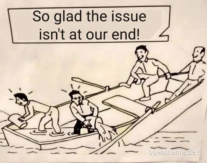 Four men rowing a sinking boat with one man bailing water out