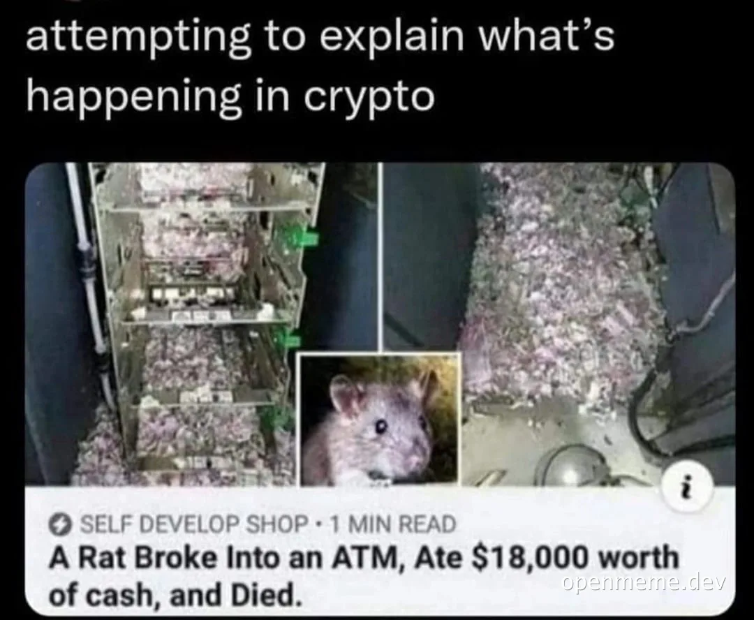 meme about a rat eating cash in an atm with a shocked expression