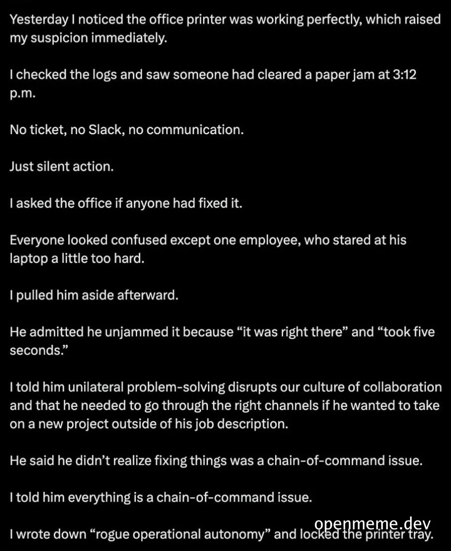 humorous office scene with text about rogue employee fixing printer