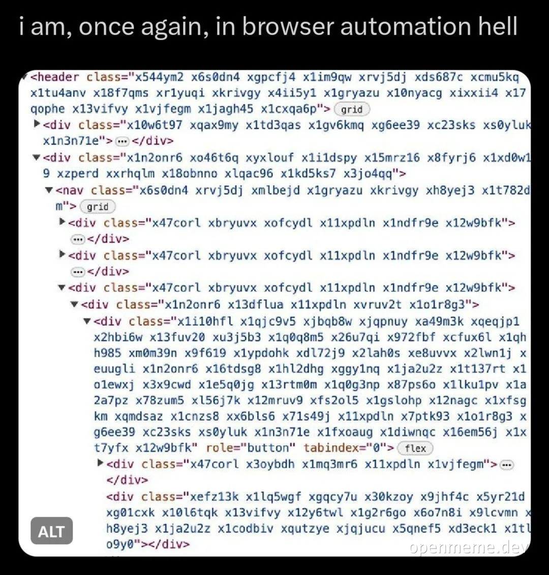 browser automation hell meme with code snippet