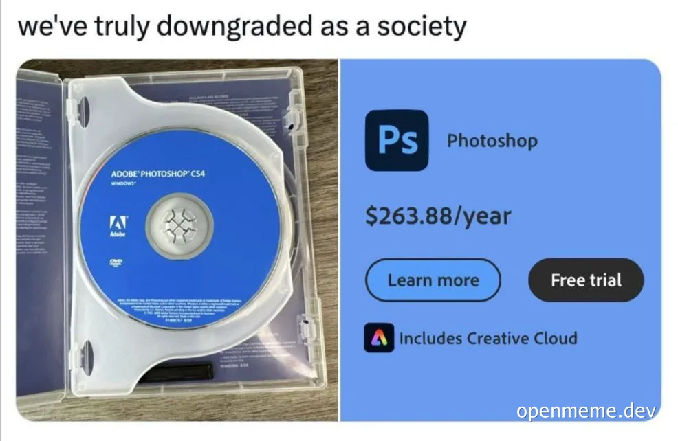 Photoshop CS4 DVD case next to modern Adobe Photoshop pricing