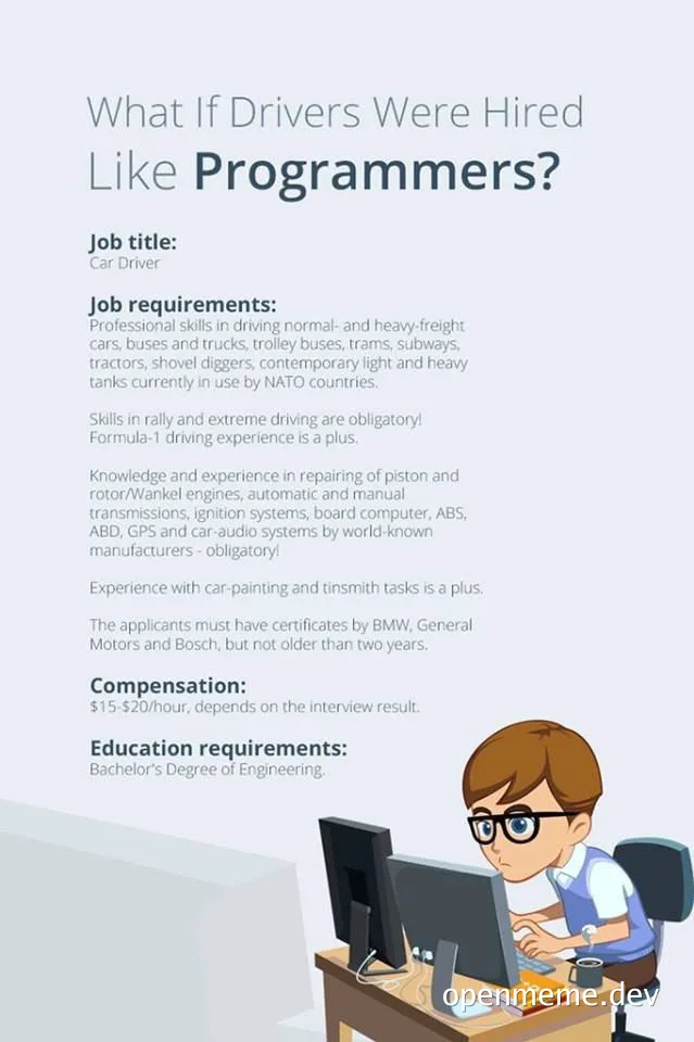 Cartoon developer at a desk looking at a job ad for a driver with programming-style requirements.