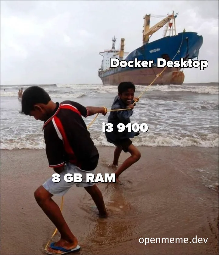 Two men struggling to pull a large ship labeled 'Docker Desktop' with a rope, with text 'i3 9100' and '8 GB RAM' overlaid.