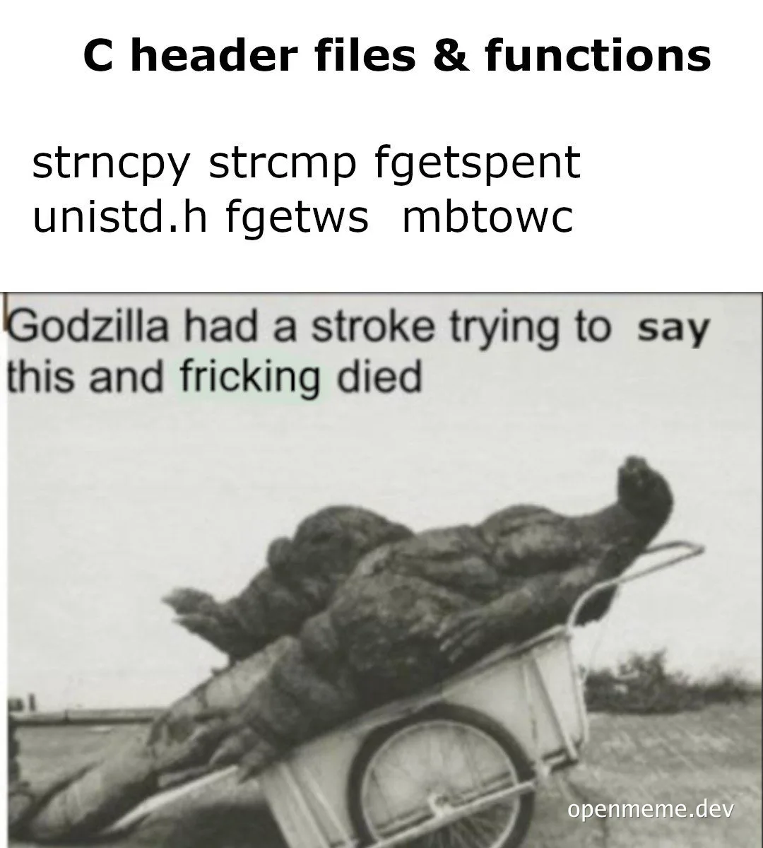 godzilla lying on a bicycle with a caption about C header files