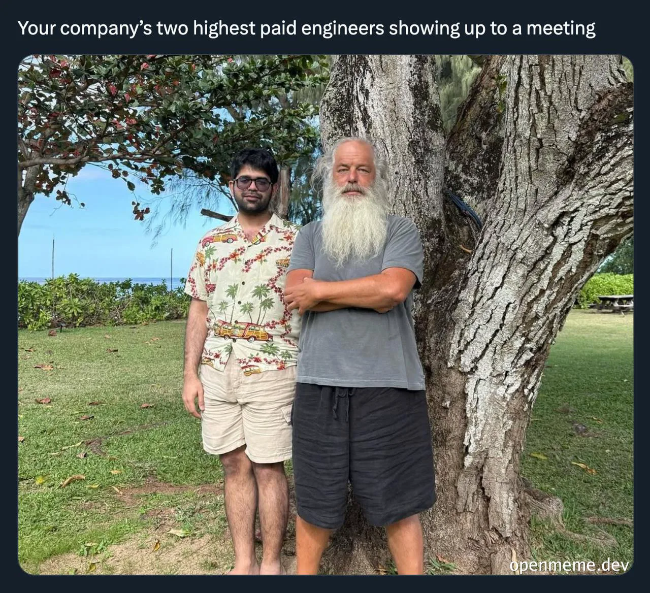 Two engineers in casual clothes standing by a tree