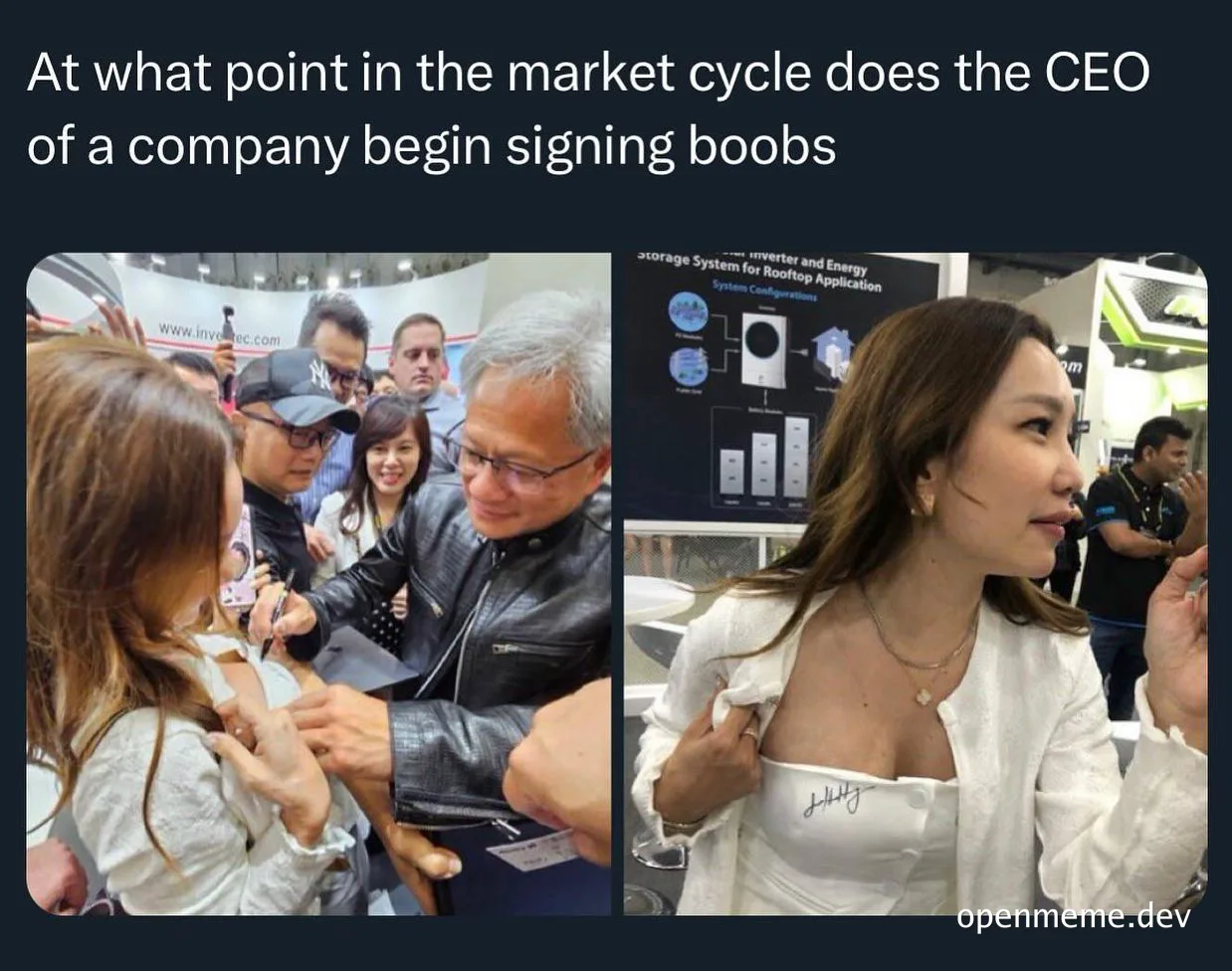 Jensen Huang signs a woman's breast at a tech conference