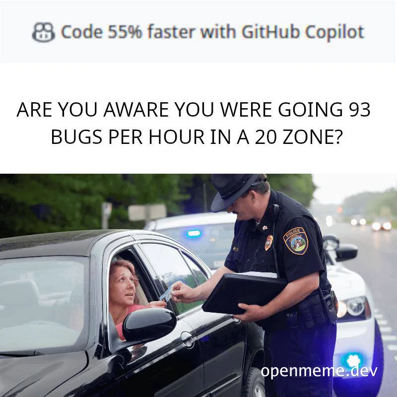 Police officer giving woman a ticket while she looks on, with text overlay about coding speed