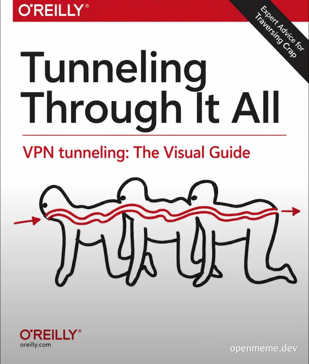 Parodied O'Reilly book cover titled 'Tunneling Through It All' showing a diagram of a camel with a tunnel through it.