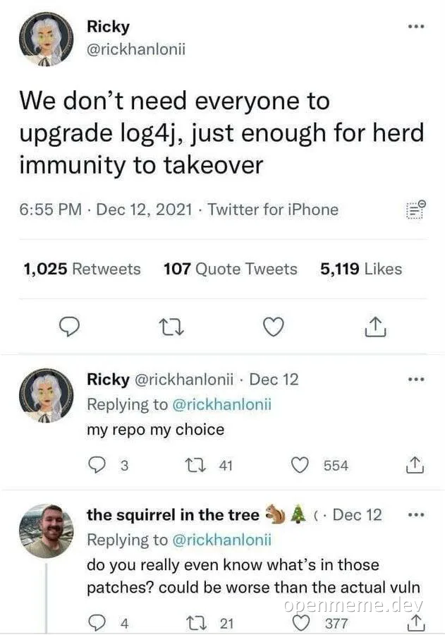 Tweet about log4j vulnerability